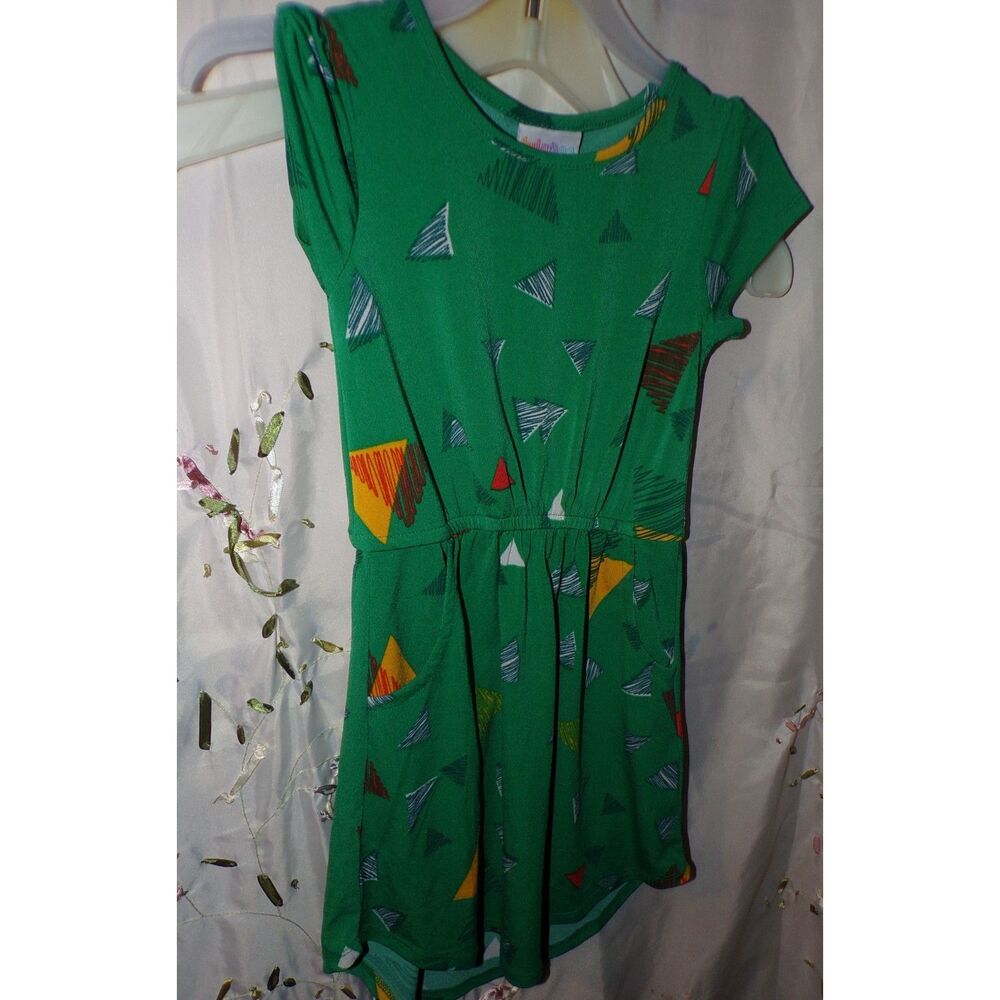 LuluRoe girls size 6 green print silky dress with pockets